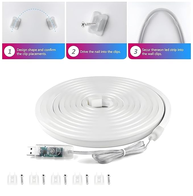 Multi-Colour Magic LED Neon RGB Strip Light with USB, Smart App & Remote Control, Music Sync, Custom Colors & 10 Mounting Clips