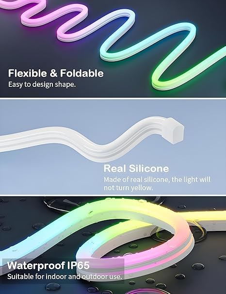 Multi-Colour Magic LED Neon RGB Strip Light with USB, Smart App & Remote Control, Music Sync, Custom Colors & 10 Mounting Clips