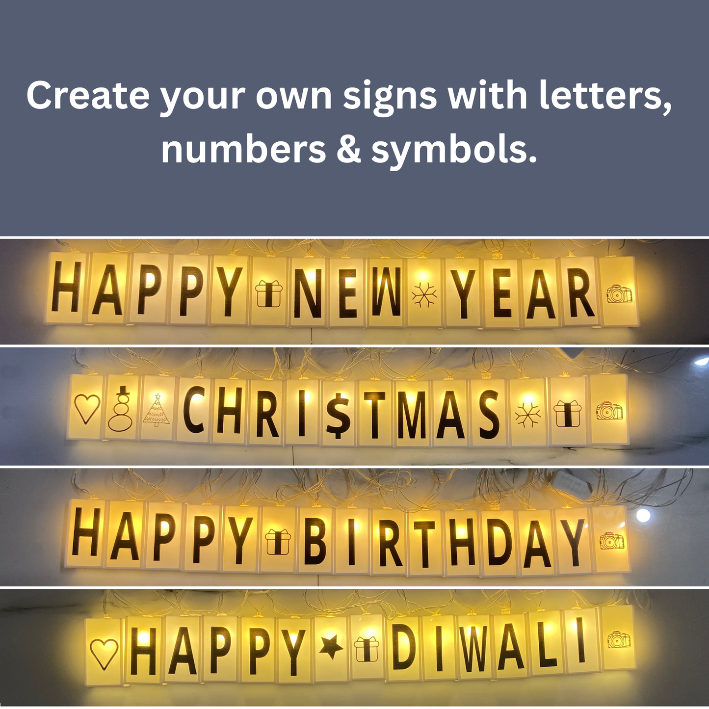 Box LED Light with Alphabet & Numerical Plate (DIY String Light – Warm White)