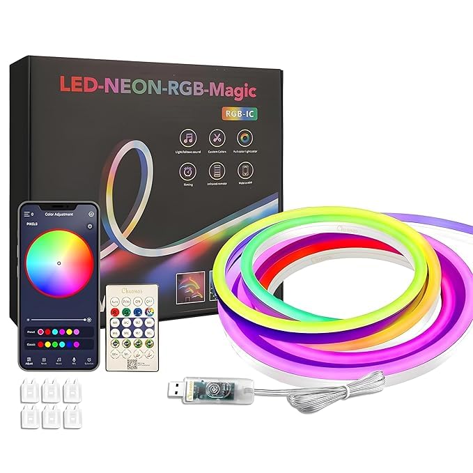 Multi-Colour Magic LED Neon RGB Strip Light with USB, Smart App & Remote Control, Music Sync, Custom Colors & 10 Mounting Clips