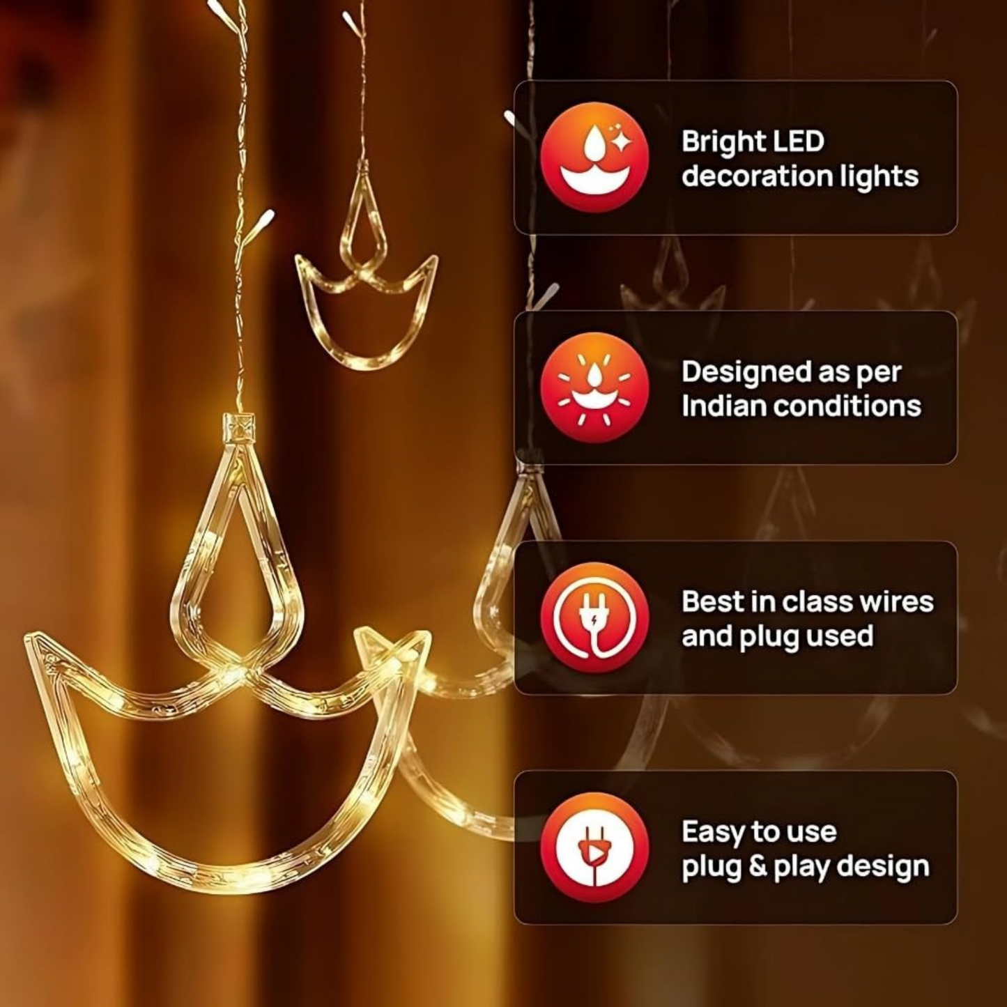 Diya Curtain String Lights 6 Big Diya and 6 Small Diya with 8 Flashing Modes- Decoration for Home (Warm White, Pack of 1)