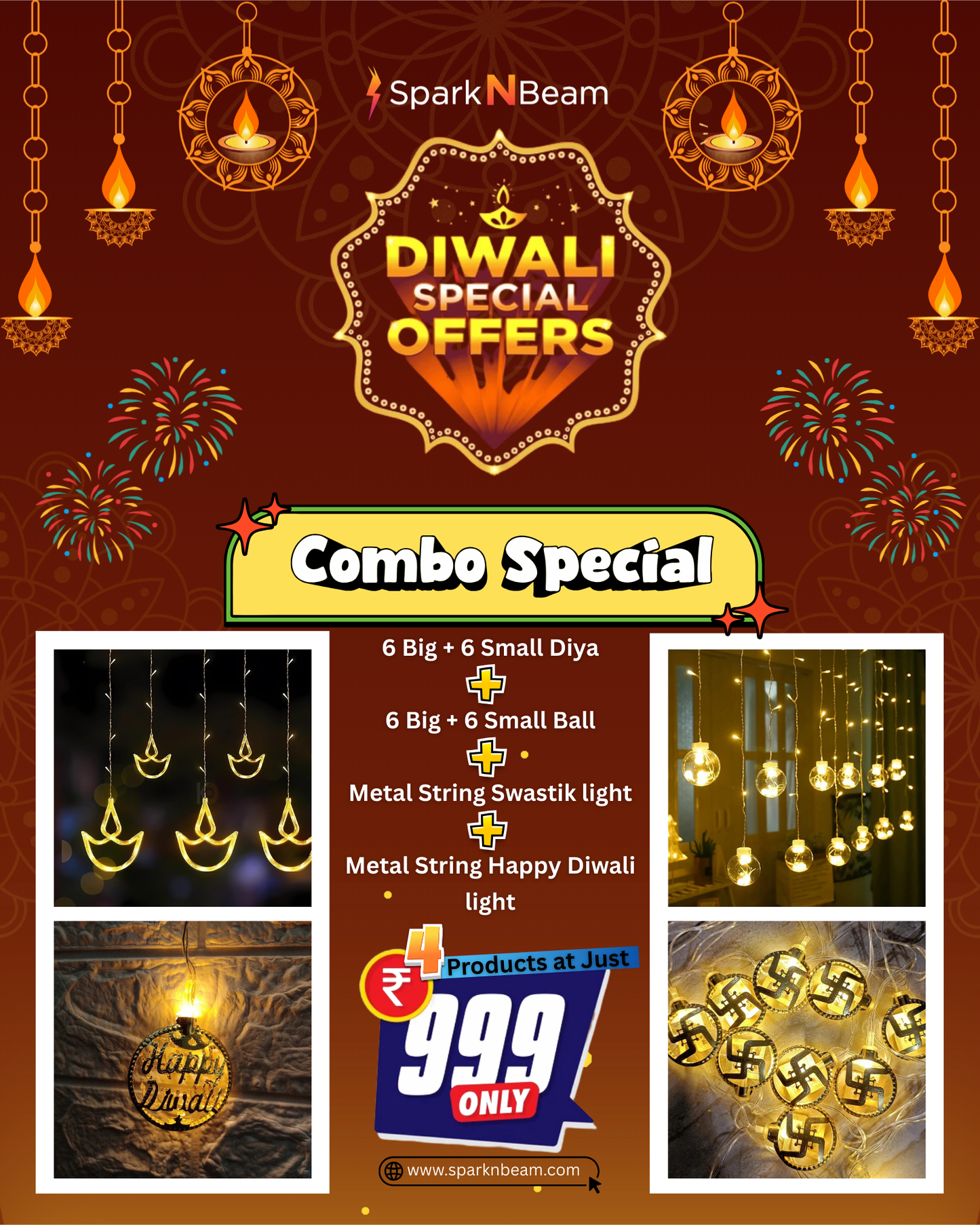 Diwali Combo Pack of 4 | (6+6 Diyas) + (6+6 Decorative Balls) + Metal Swastik + Metal Happy Diwali Sign | Festival Decoration Gift Set