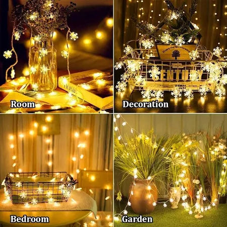 Snowflake LED String Lights – 14 Warm White LEDs, 4M Fairy Lights for Diwali, Christmas, Wedding & Home Decoration